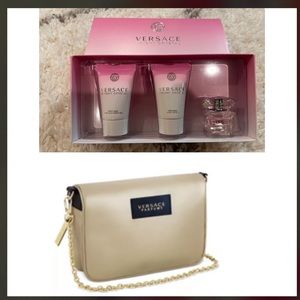 New Versace Women's pouch bag w/ gold chain + 3 pc Versace mini set
